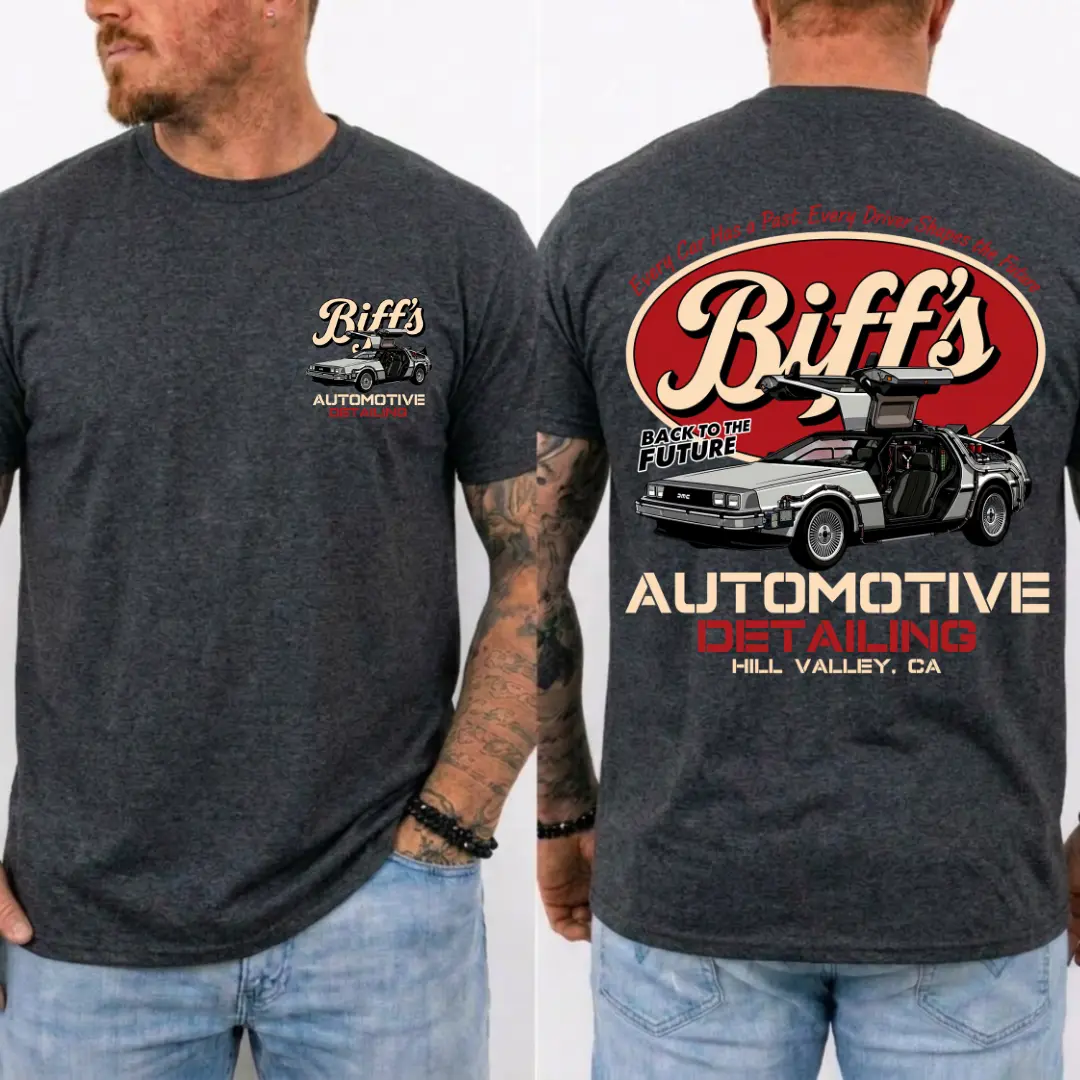 " Back to the Future " DeLorean Graphic Shirt, Stylish Short Sleeve Tee for Fans of Classic Movies, Classic 80s Graphic Tee, Gift For Drivers, MADE IN USA.