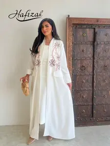 Hafizah Coconut Tree Embroidered Long Outercoat, Loose-Fitting Pocket Design, Elegant Lightweight Women's Jacket Robe for All Seasons, Womenswear