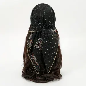 Women's Black Sheer Chiffon Scarf Head Wrap, Rhinestone Polka Dot Square Sports Headband, Sparkly Luxury Bandana Shawl for Party, Muslim Hijab Gift