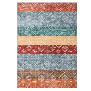 10 x 13 ft Polyester Red Rectangular Geometric Print Farmhouse Grippy Area Rug - High-Traffic, Stain-Proof, Machine-Washable for Living Room, Bedroom, Grippy Area Rugs
