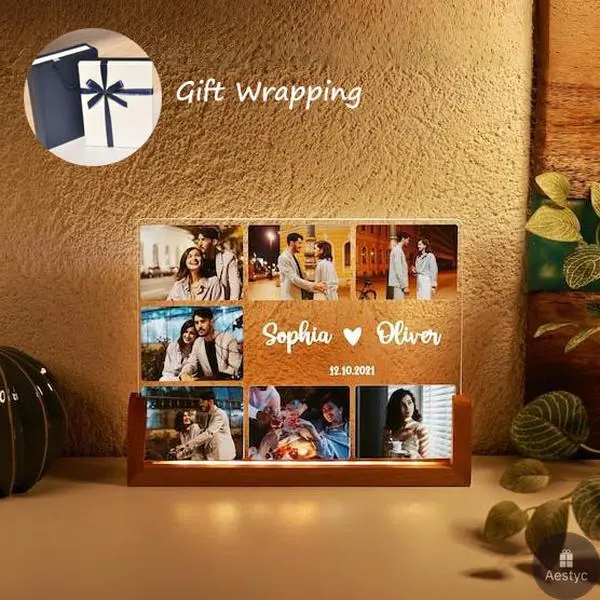 Custom Couple Photo Plaque Nightlight U-shaped Wood Stand Romantic Tabletop Decor Christmas Valentine's Gift Personalized Picture Frame for BF Her creative desktop decoration