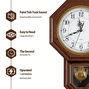 Elegant Round Chiming Wall Clock with Pendulum - Silent Non-Ticking Movement, Westminster Chimes & Strike, Easy-to-Read Large Face, Golden Hands & Arabic Numerals, Battery-Powered (AA Not Included) - Durable Plastic Frame for Living Room,Party Gifts