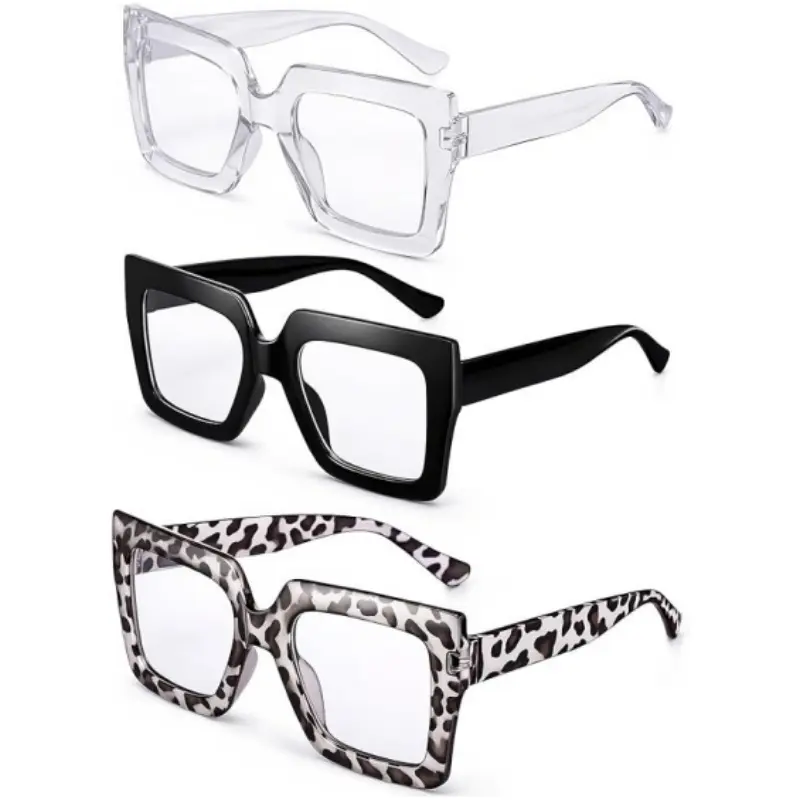 3 Pcs Oversized Blue Light Glasses for Women, Fashion Thick Square Computer TV Eyewear Eyeglasses Non-Prescription