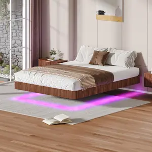 Oak Queen Floating Bed Frame with LED Lights Wave Curve Wood Texture Bed with Heavy Duty Metal Slats No Box Spring Needed