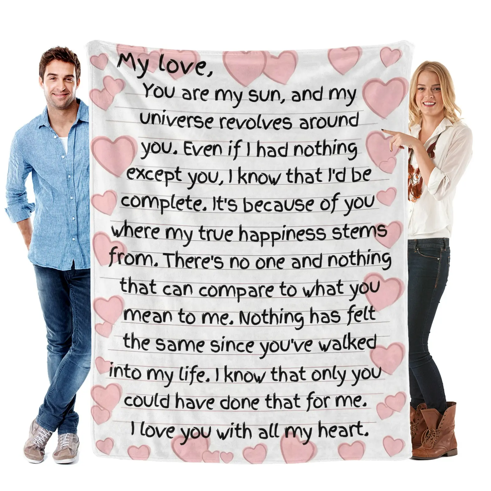 Pink Heart 'My Love' Sun & Universe Quote Flannel Blanket Soft Cozy Valentine's Day Gift Throw with Devoted Romantic Message Design Perfect for Gifting to Your Partner Snuggling Warmly or Adding Intimate Loving Charm to Any Space, Gifts For Girlfriend,sum
