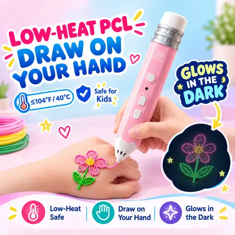 Kids' Low-Temperature Cordless 3D Pen Kit with 10-Pack Glow PCL Filament Refills, Non-Toxic DIY Drawing Tool for Ages 8+, 8-10 Years, Creative Toy Gift for 3D Art & Model Making