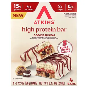 Atkins High Protein Bar, Cookie Fusion, 4 Bars, 2.12 oz (60 g) Each