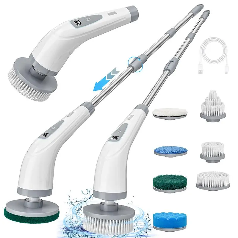 Electric Spin Scrubber - Cordless Shower Scrubber with 7 Replaceable Brush Heads, 3 Adjustable Extension Handles, 2 Adjustable Speeds for Bathroom & Kitchen