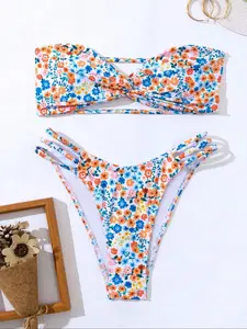 Two-Piece Set Women's Ditsy Floral Print Flower Print Cut Out Bikinis for Summer 2024, Twist Strapless Bandeau Bikini Top & High Cut Swim Bottom, Women's Swimwear for Summer Beach Holiday
