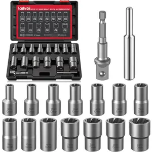 Bolt Extractor Kit, 16-Piece Lug Nut Removal Tool, 1/2" Drive Bolt Extractor Set, Wheel Lock Removal Kit for Damaged, Frozen, Rusted, Rounded-Off and Nuts, 35# CR-MO
