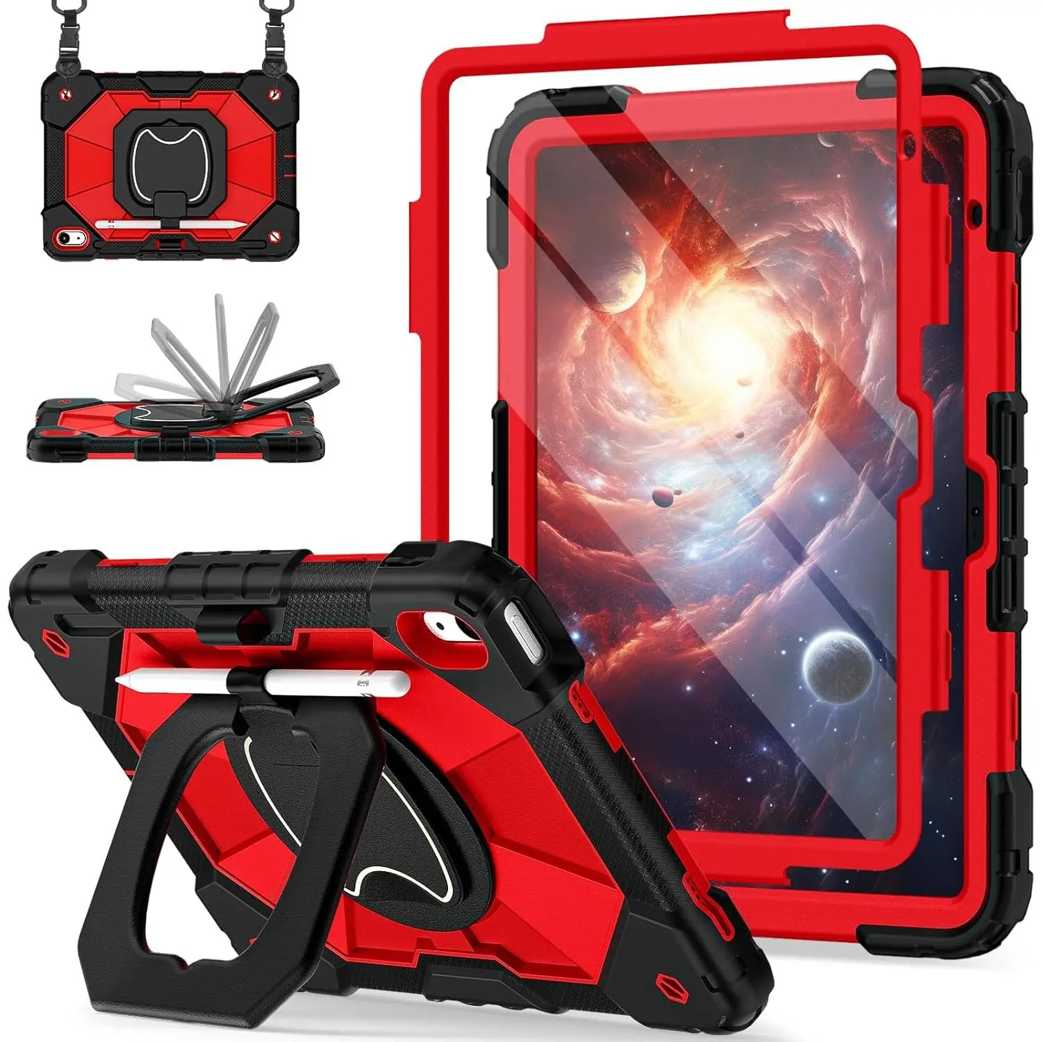Case for iPad 10th Generation 10.9 Inch (2022), iPad (A16) 11th Generation 11 Inch (2025), Rugged i Pad Case 10th Gen with 360 ° Rotating Stand Screen Protector Pen Holder Shoulder Strap, Red