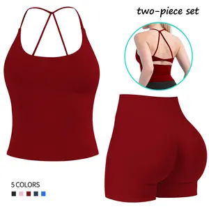 Jetjoy  Workout Sets for Women 2 Piece, Gym Outfits Seamless Longline Halter Backless Crop Top Scrunch Bum Shorts Tracksuit  Women's 2 Piece Workout Set Backless Halter Top & Scrunch Butt Lift Shorts Seamless Sporty Clothes S