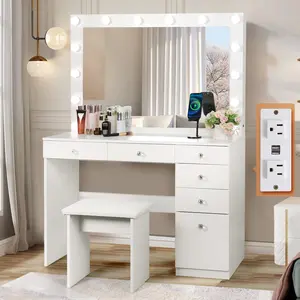 VOWNER Makeup Vanity Table,Vanity Desk With 14 Bulbs & Large Lighted Mirror, 5 Drawers And 1 Cabinet For Storage, Come Up With Stool