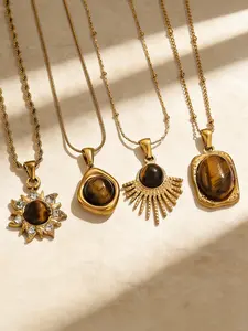 Boho Summer Jewelry Set, Stainless Steel & Tiger Eye Stone Design, Geometric Patterns, Perfect for Bohemian Style