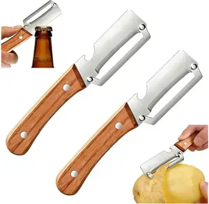 Premium Vegetable Peeler with Wooden Handle and Bottle Opener: 2-in-1 Stainless Steel Kitchen Tool for Fruit Apple Potato Pumpkin Papaya (2 PCS)