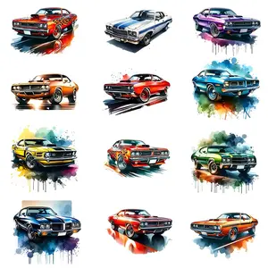Car Pattern Heat Transfer Sticker, 12pcs/set Retro Style Watercolor Car Pattern Heat Transfer Sticker, DIY Clothing Decoration for T-shirt, Jeans, Backpack, Crafts