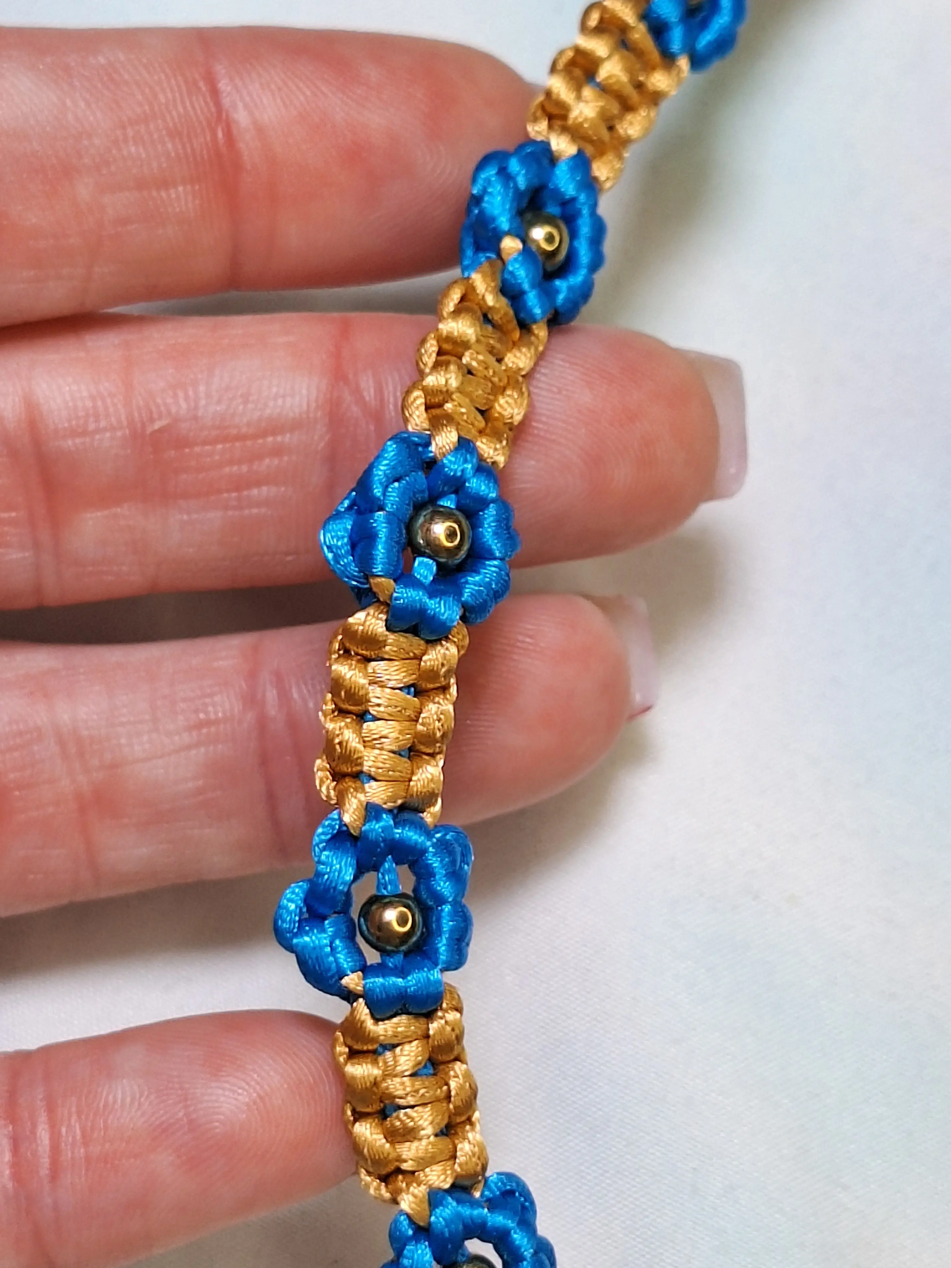 Blue & Gold Macramé Choker - Flower Motifs Gold Bead Centers