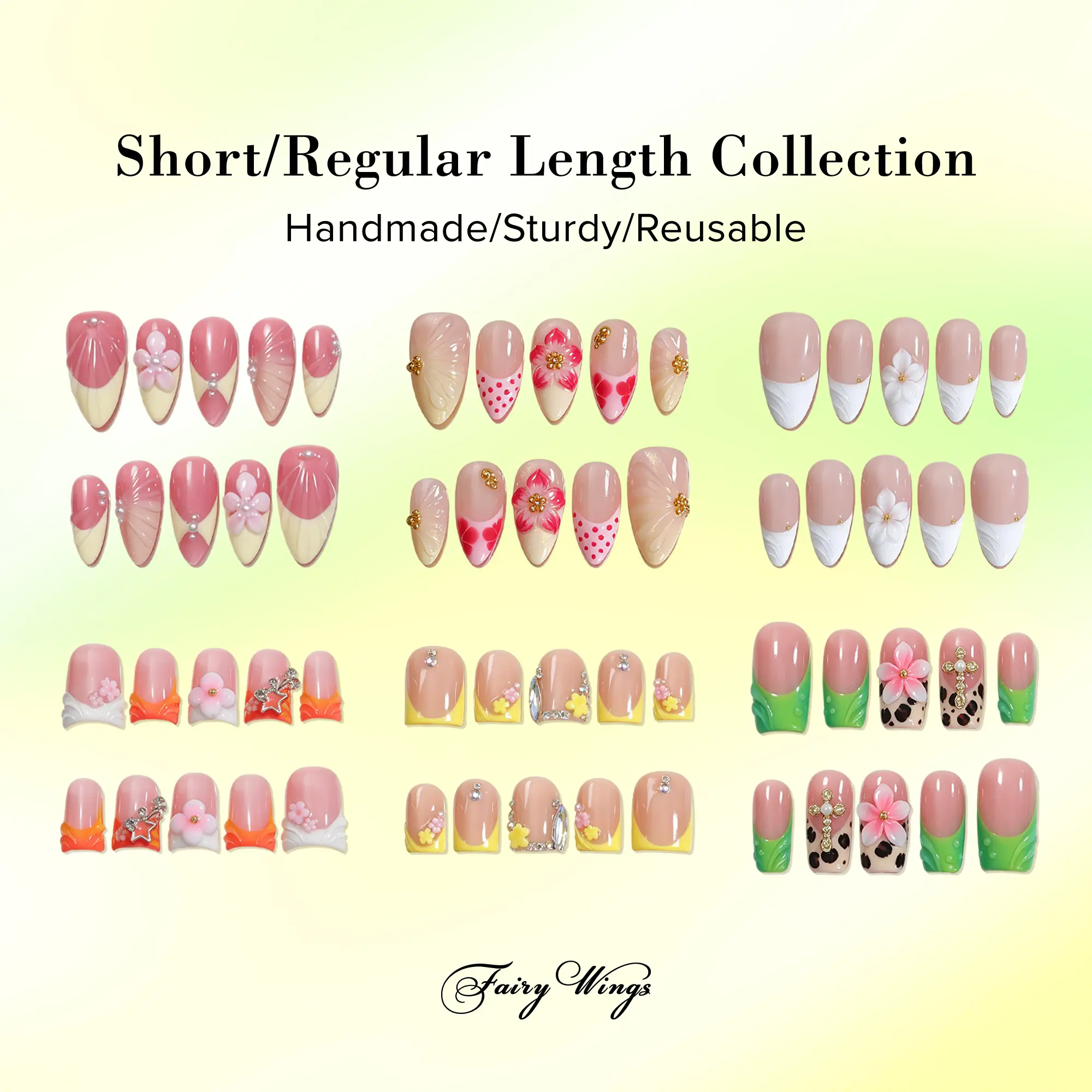 Fairy Wings | Short/Regular Length Collection  Handmade Press On nails | 10PCS Reusable | Salon Quality | 3D Flower | short length，regular length