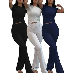 Women'sSolidLoungewearSet,CasualShortSleeveCropTop&HighWaistFlaredLegPants,LadiesSleepwearPajamasforAllSeasons,Back-to-schoolClothing,PajamasSet,Summe!Sets,SummerWear2025,HomewearBlackGirlWear