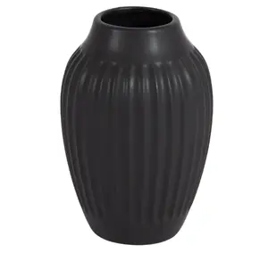 7.5 inches Ribbed Matte Black Ceramic Curved Vase