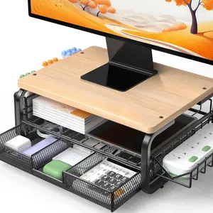 Wooden Desktop Monitor Stand with Drawer - Multifunctional Laptop Riser, Office Desk Storage Organizer, Office Accessories