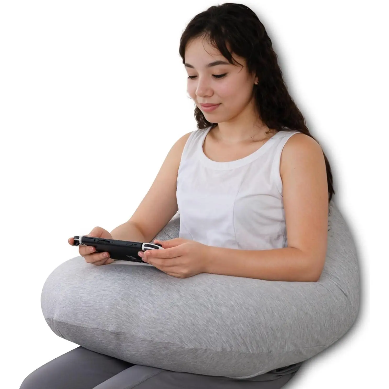 Reading Pillow for Gaming, Lap Desk Pillow for Sitting in Bed or Sofa, Compact Arm Support Pillow for Reading, Playing or Crocheting, Cooling Grey