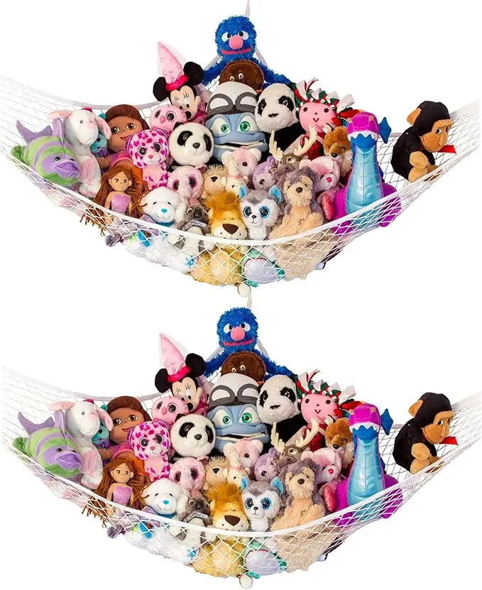 Stuffed Animal Hammock, 2 Pack | Corner Hanging Organizer, Stuffed Animal Storage | Easy to Hang w/Anchors & Hooks (White) Hangable Decoration Decorative Tool