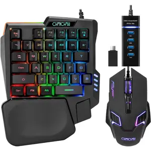 One Handed Half Keyboard For Gaming, Mouse For Gaming, USB 4-Port Splitter With Type-C Adapter Gaming Combo with RGB LED Backlit 7200DPI CPI Customize, Mini Size Small Wired Set For LOL/Wow/fortnite/Dota/PUBG