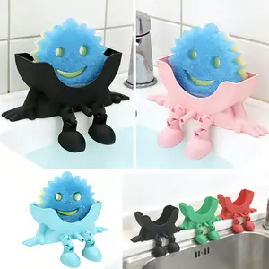 Smiley Dish Sponge Holder, Hinge Joint Adjustable Kitchen Sink Bathroom Sponge Rack, Drainage Slot Countertop Storage Box