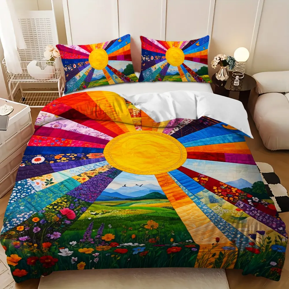 Bedding 3-piece set - 3PCS,colorful sunflower patchwork down comforter set (1 comforter cover + 2 pillowcases, filling not included). soft and comfortable, suitable for family bedrooms.