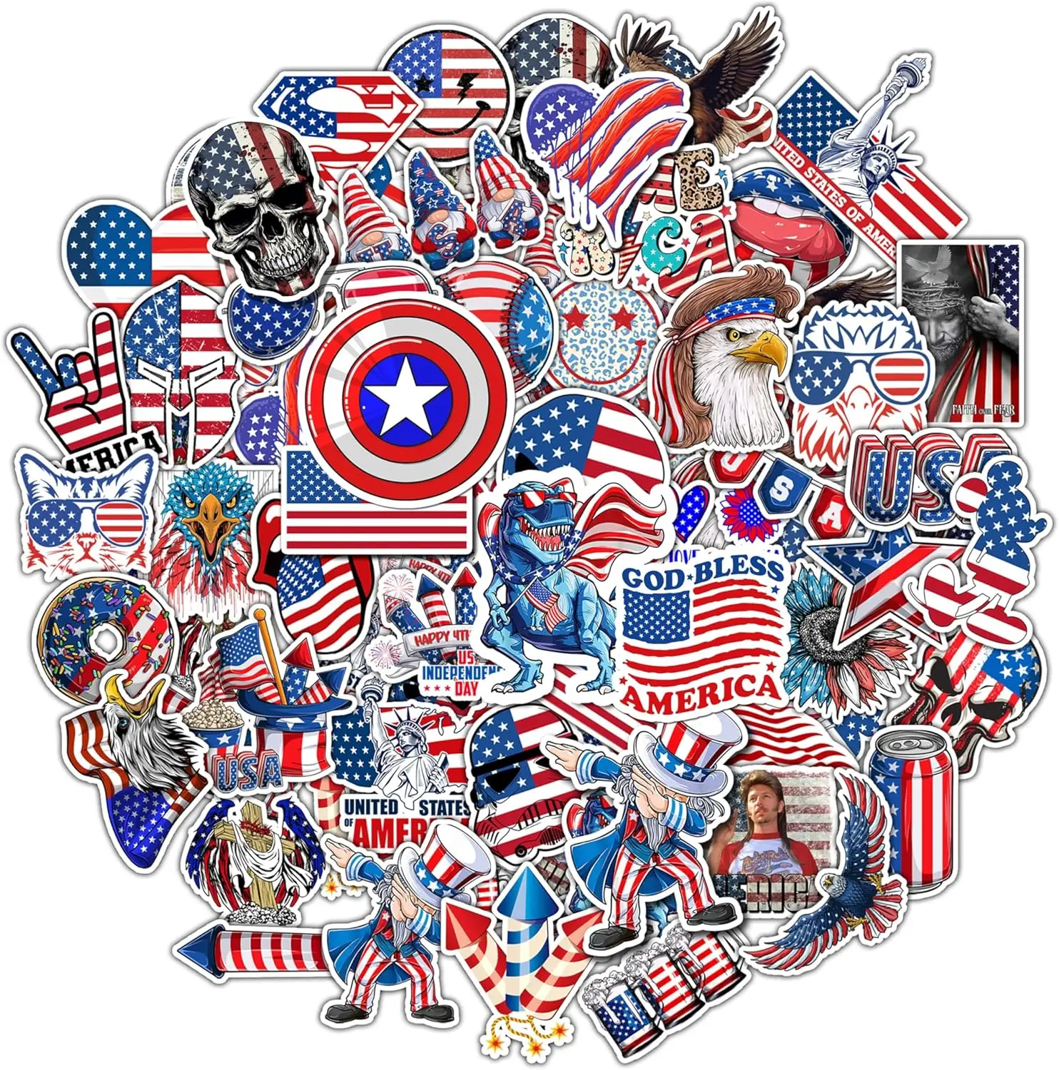 50-Pack USA 4th of July Stickers – Patriotic Waterproof Vinyl Decals for Bottles, Laptops & More