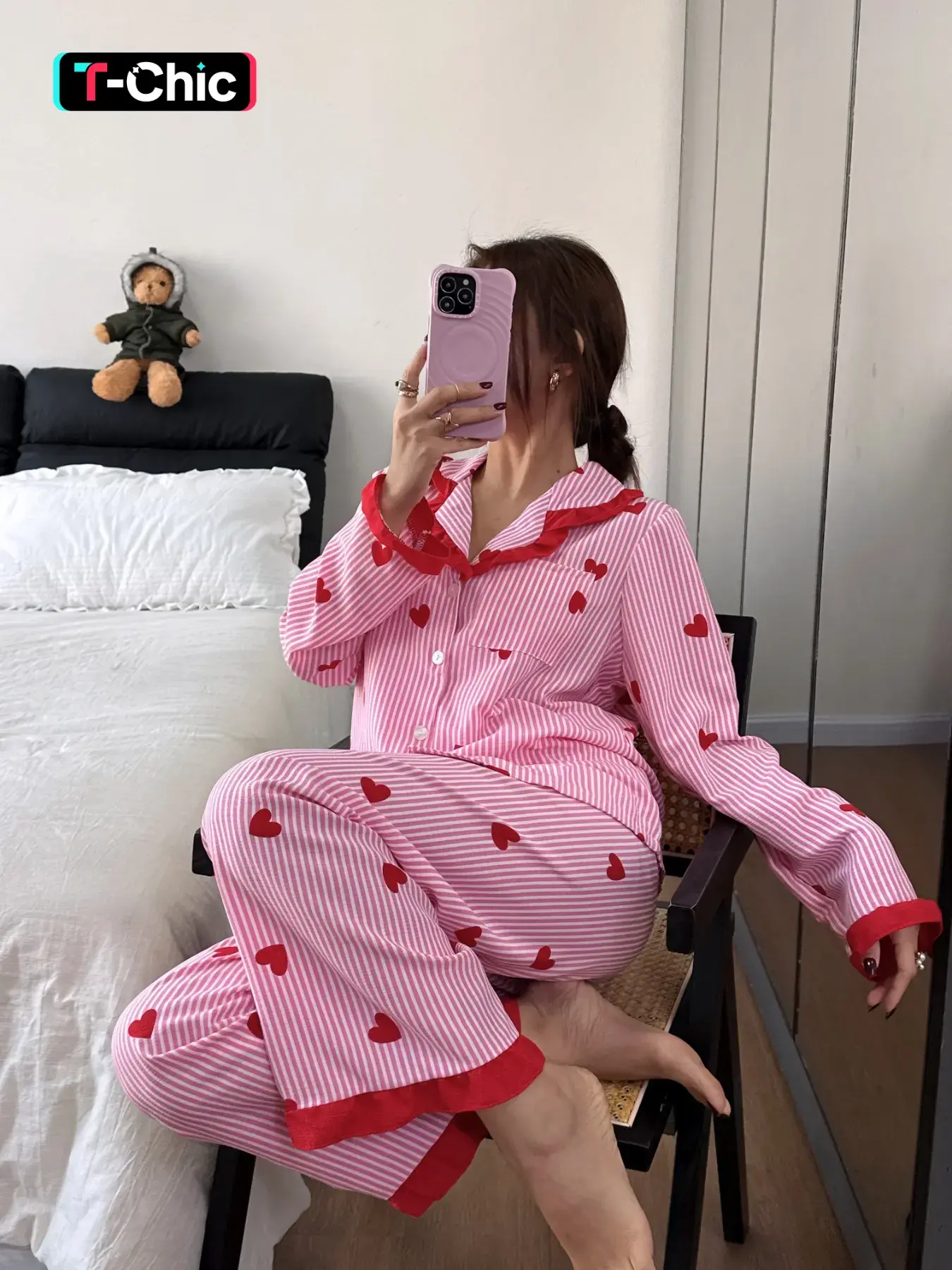 Valentine's Day Women's Sleepwear Set, Heart Print Striped Ruffle Long Sleeve Pajamas Pjs, Button Front Fit Comfortable Casual Loungewear Homewear