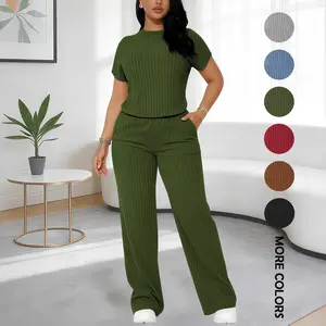 Women's Premium Ribbed Knit Co-ord Set for Spring & Summer – Short Sleeve Crew Neck Top & Straight Leg Trousers – Elegant Loungewear for Work from Home & Weekend Outings