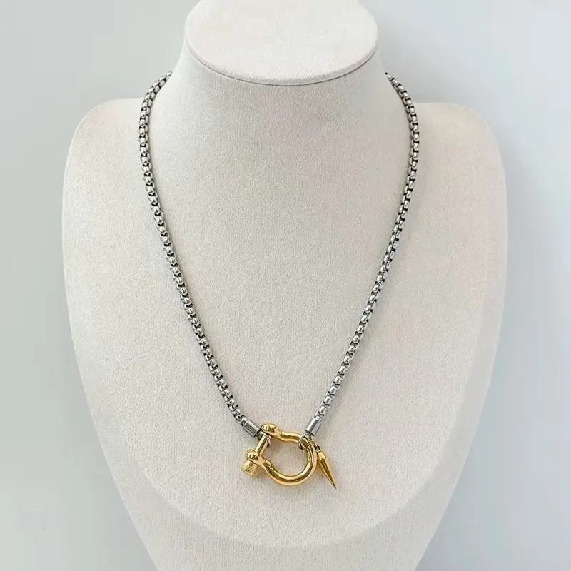 Beaux Bit Necklace Unisex 18K Gold Plated Stainless Steel Box Chain Double Color Chunky Horseshoe Waterproof Jewelry