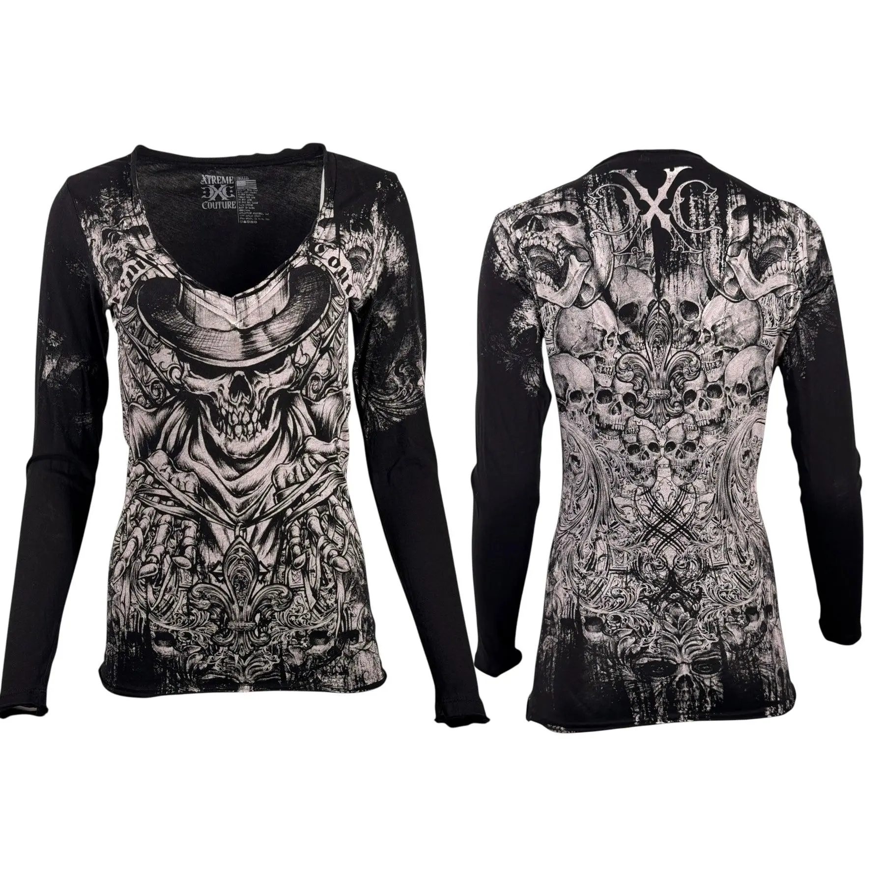 Xtreme Couture by Affliction Women's Cotton V-Neck Graphic T-Shirt - Front Back Print, Streetwear Top for Everyday Casual Wear (Refer to Sizing Chart), Fashion Apparel, V-Neck Cut, Printed, Graphic Print Adds Instant Edge
