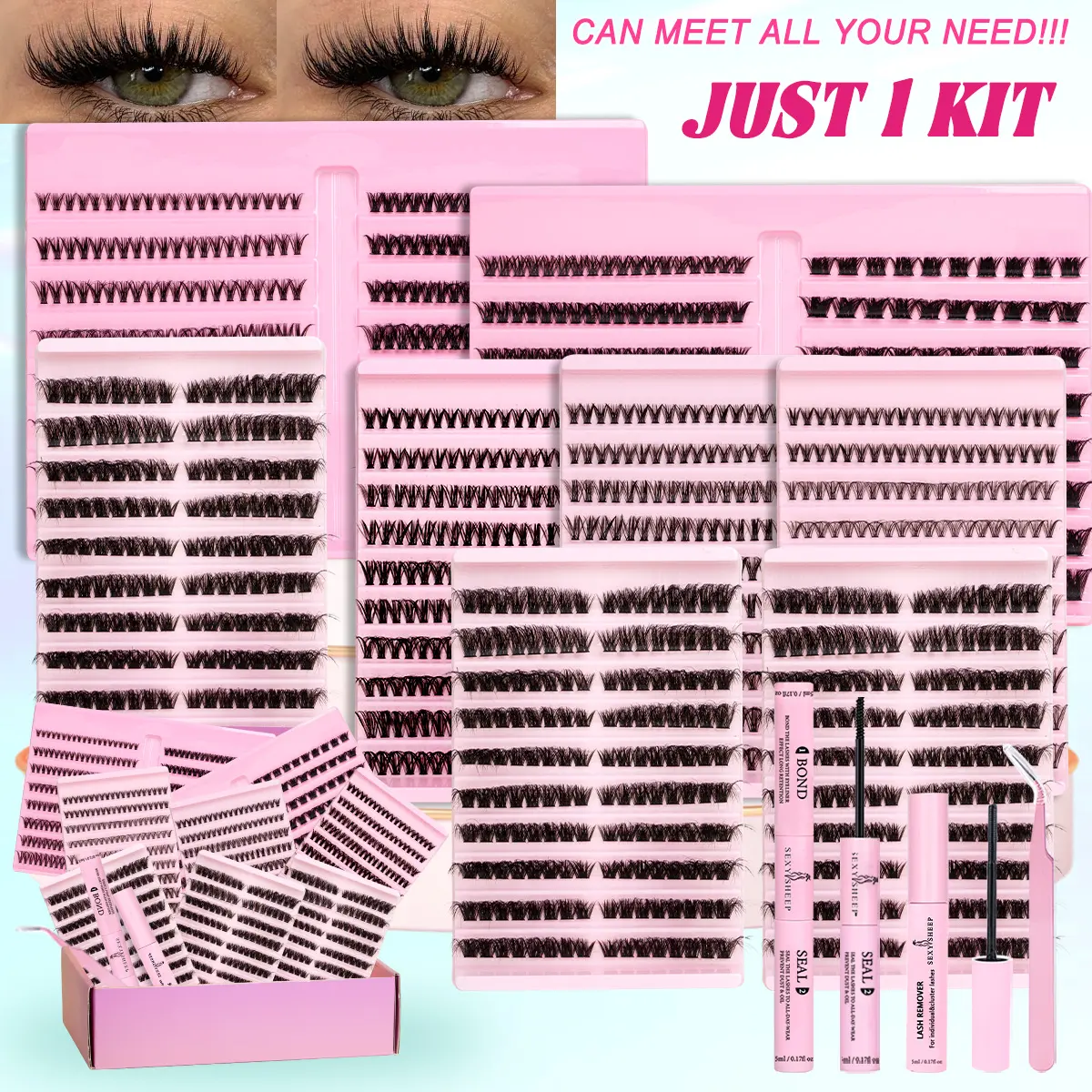 Cluster Gift Set, 30D/40D/50D/60D/80D Natural-Looking & 200D Extra Volume Styles, Individual Lashes Cluster False Eyelash, with Glue, Tweezers & Brush, Soft Lightweight, Easy At-Home DIY, Salon-Quality Finish & Long-Lasting
