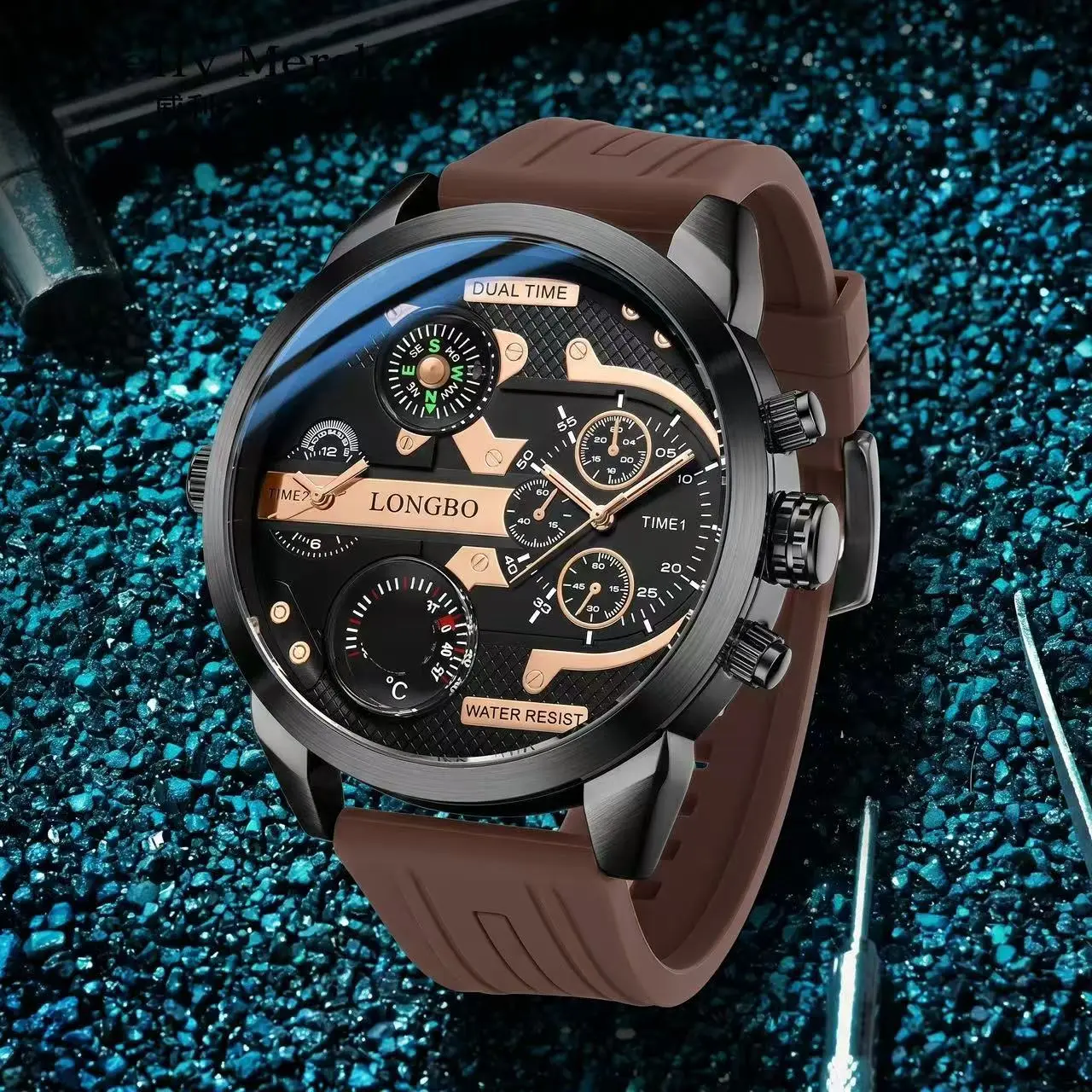 Men's Oversize Face Streetwear Watch, Multifunction Brown and Black Wristwatch with Compass and Temperature Gauge, Multifunction Watch, Streetwear Look, Men's Watches