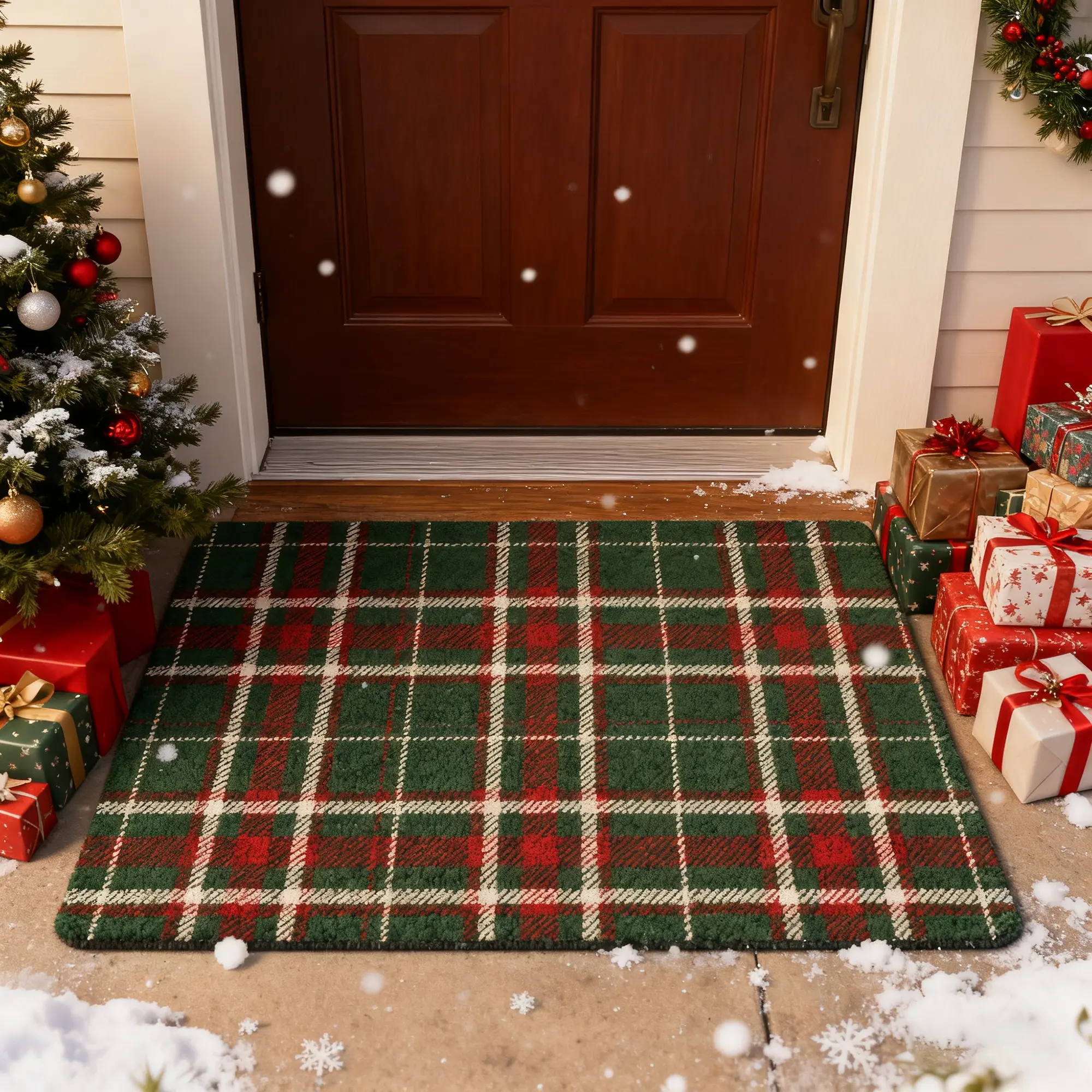 Christmas Theme Vintage Plaid Rug Mat, Home Decorative Rug, Living Room Bedroom Door Entrance Carpet, Fashion Art High-End Style