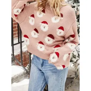 Women's Christmas Cartoon Santa Claus Print Drop Shoulder Sweater, Casual Long Sleeve Round Neck Jumper for Fall & Winter, Fashion Ladies' Knitwear for Daily Wear