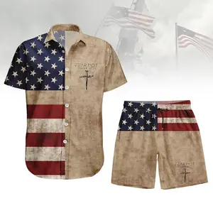 American Flag Cross Fear Not Isaiah Hawaiian Shirt Shorts Set Men Women Oversized 4th of July Beach Summer Vacation Casual Matching Outfit