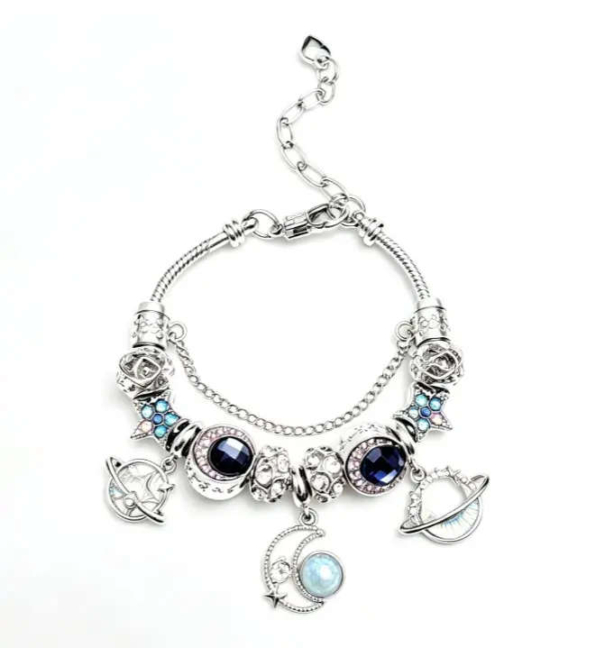 Cosmic Star Moon Planet Charm Bracelet, Silver Plated Adjustable Snake Chain Bracelet with Dark Blue Crystal Beads, Saturn Planet & Crescent Moon Pendant, Celestial Space Jewelry Gift for Women Teen Girls