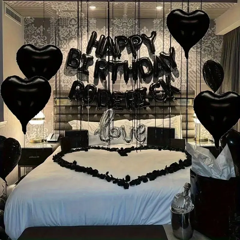 1024pcs of Black 16.0-Inch Happy Birthday Balloons, Featuring Black Heart-Shaped And Silvery Love Balloons, Including Black Petals - Perfect for Birthday Parties, Anniversary, Romantic Celebrations And Decor Decoration, Birthday Party Decorations