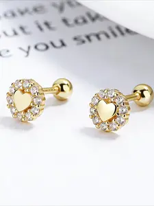 1 Pair of Heart-shaped Cubic Zirconia Studs Earrings with Threaded Women's Earrings, Simple and Elegant, Lightweight and Hypoallergenic Jewelry, Dainty Fashion Jewelry. Heart Shaped Earrings Are Suitable for Holidays and Daily Wear