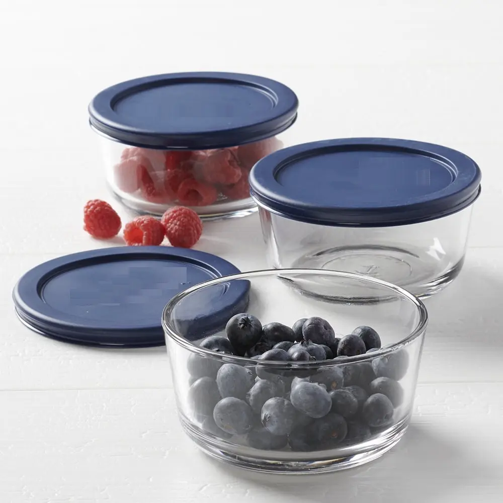 Glass Food Storage Containers with Lids, 2 Cup Round, Set of 3 (6 Pieces) - Navy Lids, BPA Free - Microwave, Oven, Freezer & Dishwasher Safe Glass Bowls