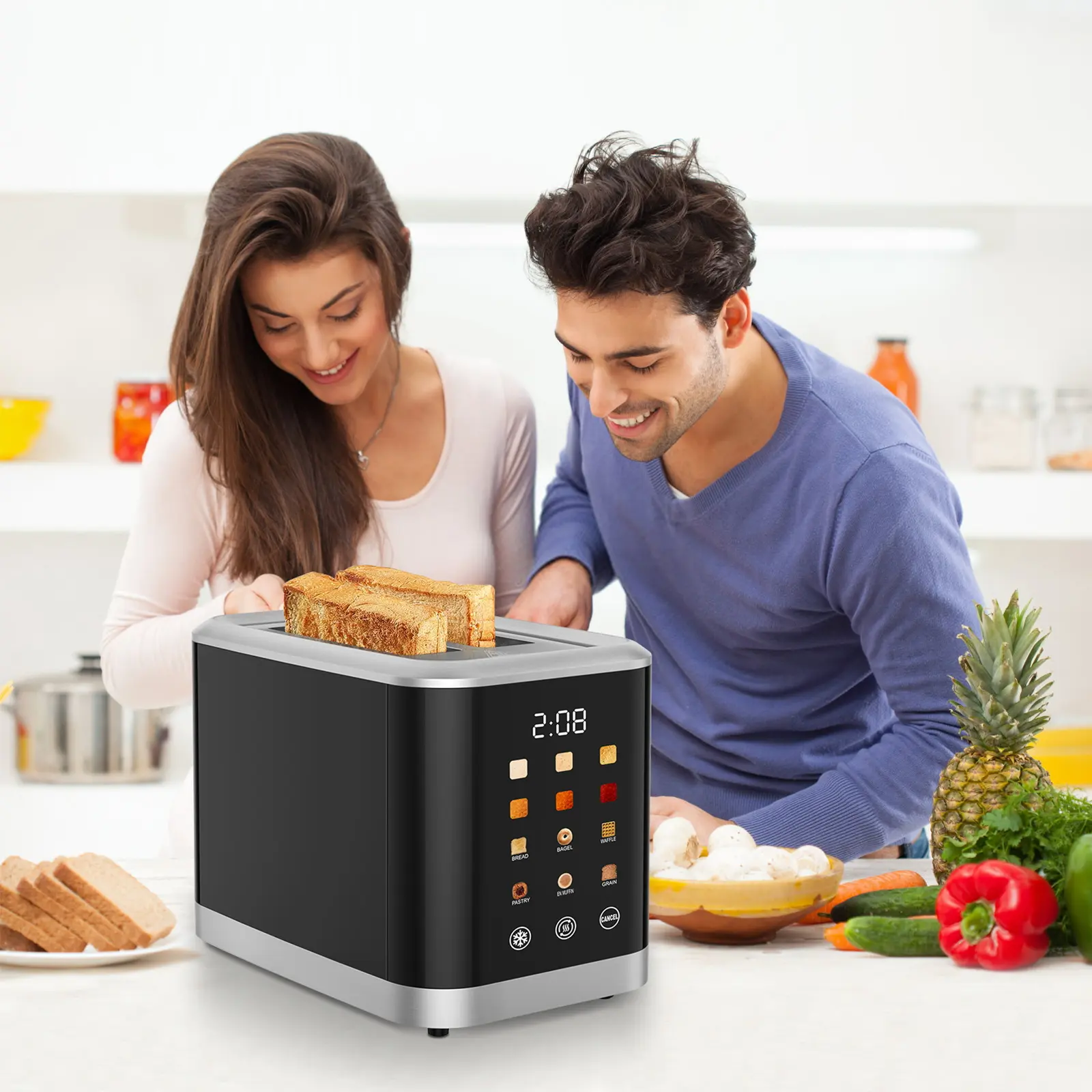 Household Appliances 2-Slice Digital Touchscreen Toaster - Kitchen Appliance with 6 Bread Types, 6 Shade Settings, Extra-Wide Slots, Bagel, Defrost, Reheat & Cancel Functions for Home Use & Gifting