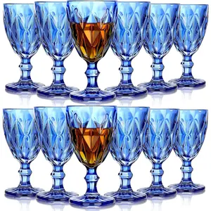 Vintage Wine Goblet Embossed Glassware 10 oz Solid Color Glass Stemmed Cups for Iced Tea Beverage Soda Juice Water Liquor and Party Wedding Bars Restaurants (Blue,12 Pack)