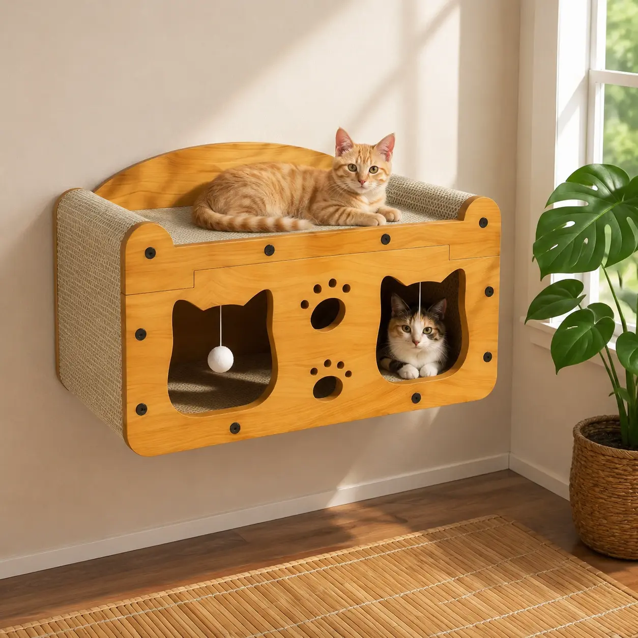 small size, wooden base, geometric patterns, detachable parts, durable pet furniture, spacious and comfortable bed, indoor cat supplies with scratching surfaces play Tree Gothic natural sisal scratcher interactive ball toy