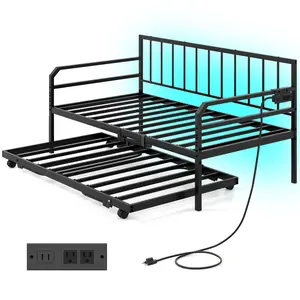 COSTWAY - Adjustable Metal Twin Size Daybed with Charging Station and LED Light-Black