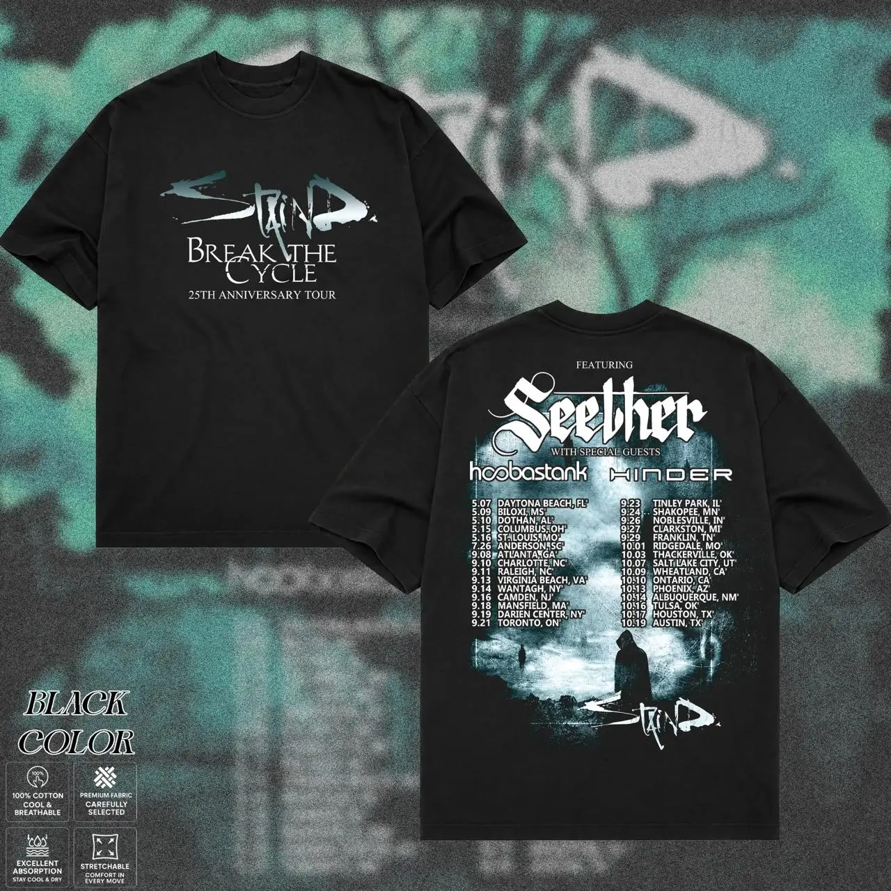 Staind Break the Cycle 25th Anniversary Tour T-Shirt, Seether Hoobastank Hinder 2026 Concert Dates Tee, Double-Sided Rock Band Shirt