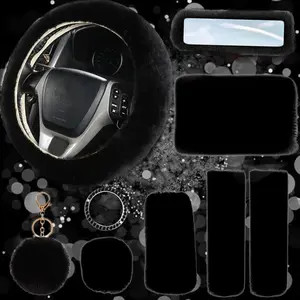 9-Pack Fluffy  Accessories Set, Fluffy Steering Wheel Cover Winter Warm  Steering Wheel Cover Fuzzy  Decoration Accessories for Women Girls (Black)